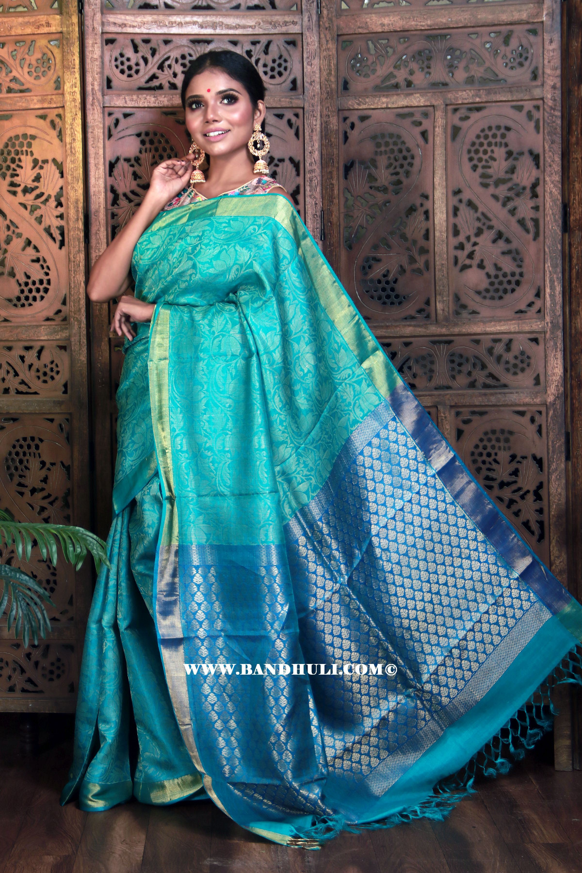 Turquoise Floral Jaal Work Tussar Saree